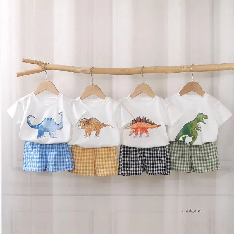 2Pcs Baby Kleidung Set Neugeborenen Jungen Casual Dinosaurier Druck Kurzarm T-shirt + karierten Shorts Kleinkind Mädchen Sommer Kinder outfit Set