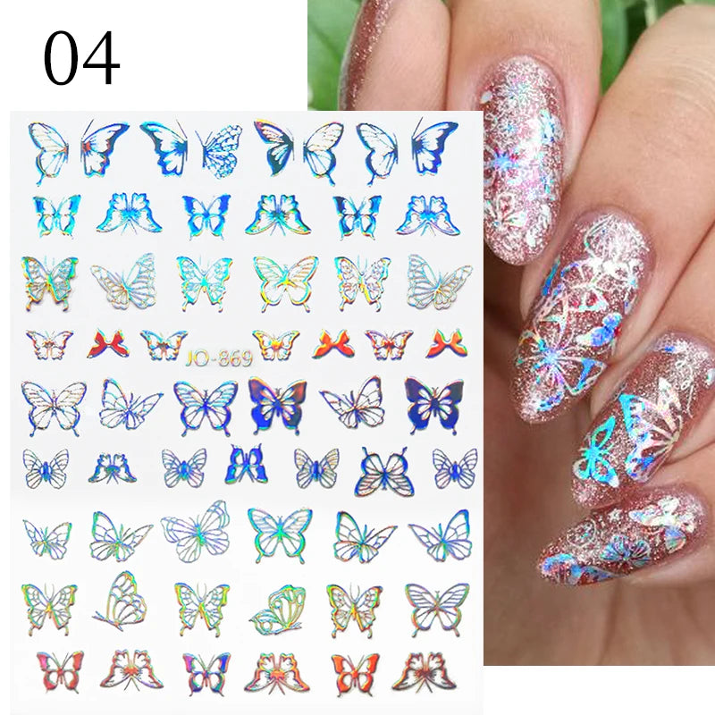 1PCS Schwarz Weiß Schmetterling Laser Nagel Aufkleber Y2K Nail art Dekoration Abstrakte Linien Bronzing Blumen Aufkleber Für Nägel