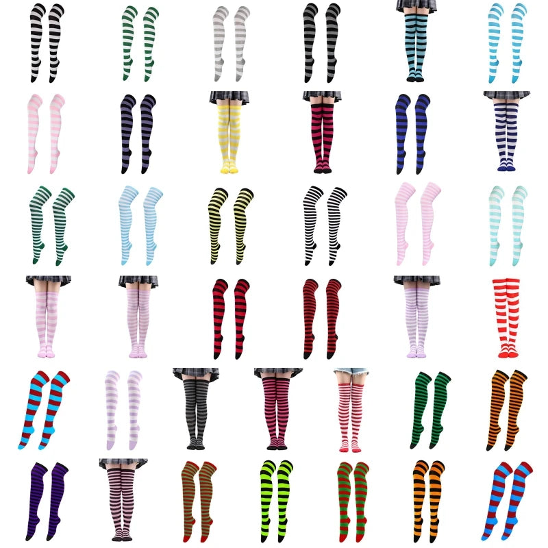 Frauen Gestreiften Druck Über Knie Lange Socken Oberschenkel Hohe Strümpfe für Weihnachten Halloween Anime Cosplay Kostüm Zubehör M6CD