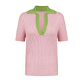 Gestricktes Kurzarm-T-Shirt für Damen mit Kontrastfarben, Schlankem Polokragen, Lässiger Pullover, Sommermode Damen Strick-T-Shirt 2026 Neu