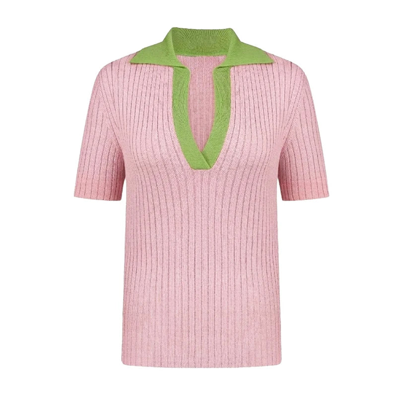 Gestricktes Kurzarm-T-Shirt für Damen mit Kontrastfarben, Schlankem Polokragen, Lässiger Pullover, Sommermode Damen Strick-T-Shirt 2026 Neu