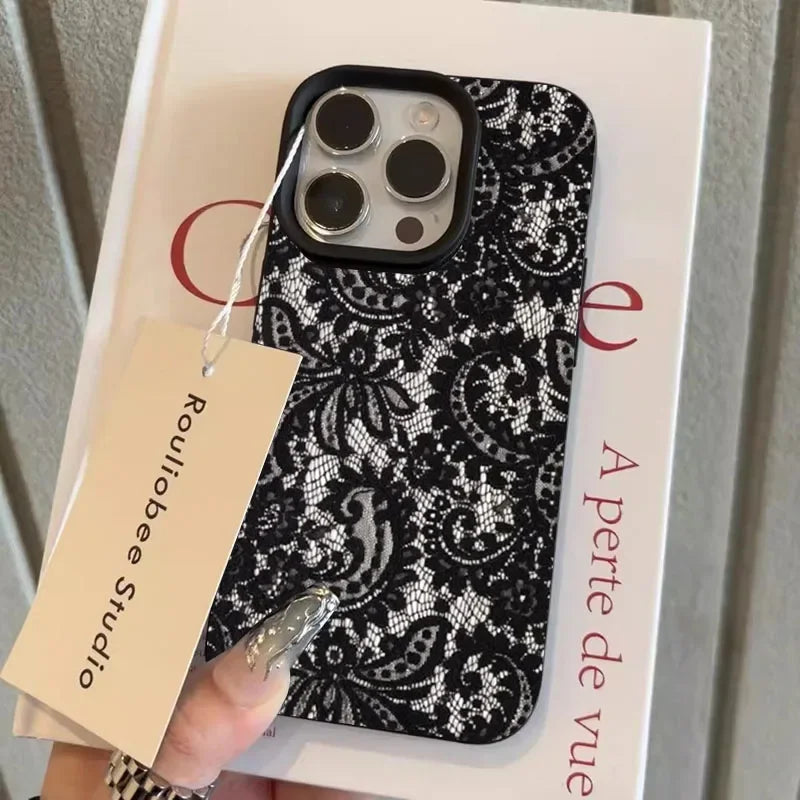 Telefon Fall Für IPhone 17 17Air 16 Pro Max 15 14 Plus 13 12 11 16E X XR XS max Schwarz Spitze Muster Schutz Soft Cover Funda