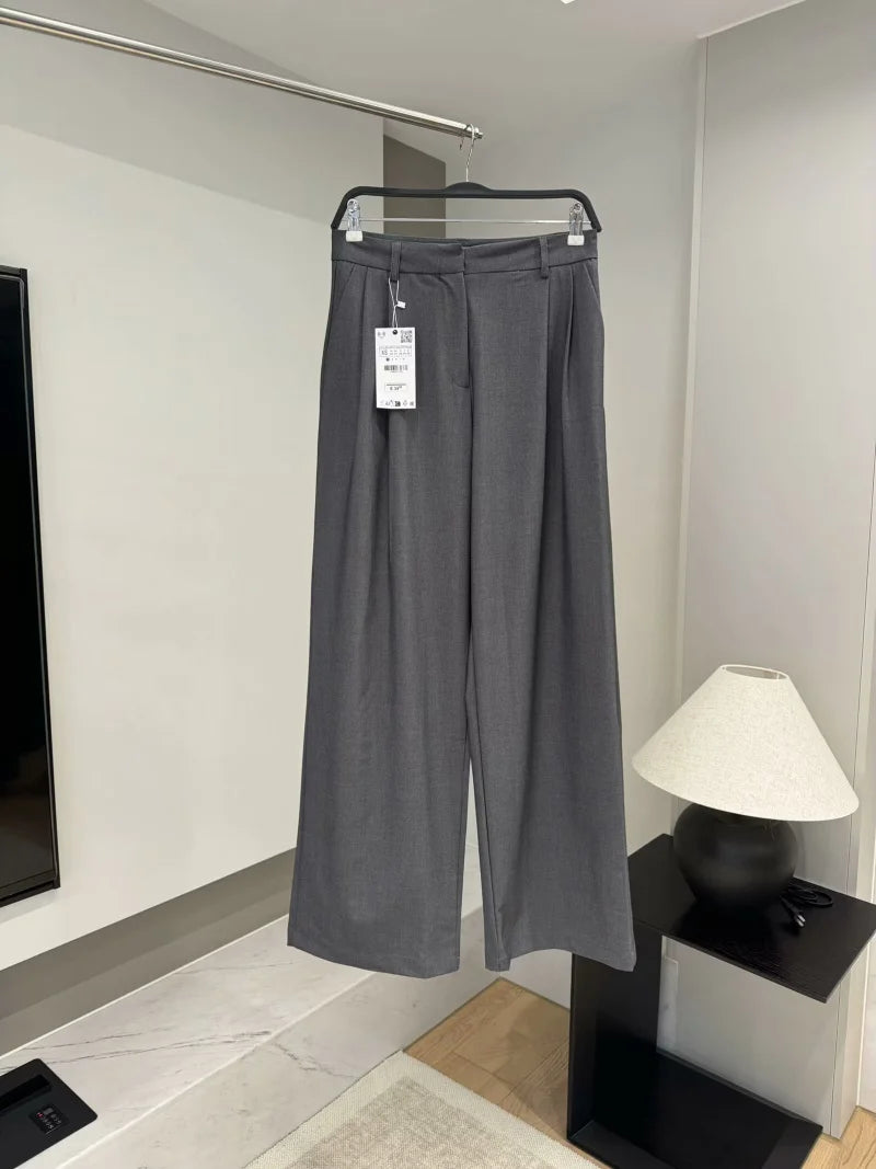 ETJ 2025 Frühjahrsneues Anzugset für Damen mit schultergepolstertem Zweireiher-Blazer und hoch taillierter, plissierter Hose mit weitem Bein