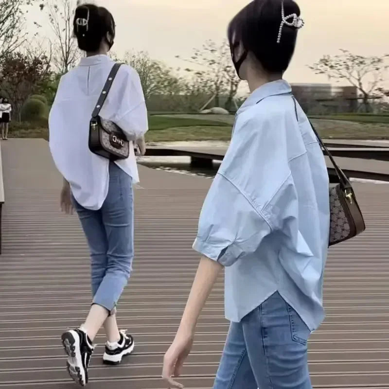 Baumwolle Mid-hülse Dünne Frau Bluse Shir, Sommer Neue Lose Mode Unregelmäßige Hemd Casual Urlaub Top Koreanische frauen Kleidung
