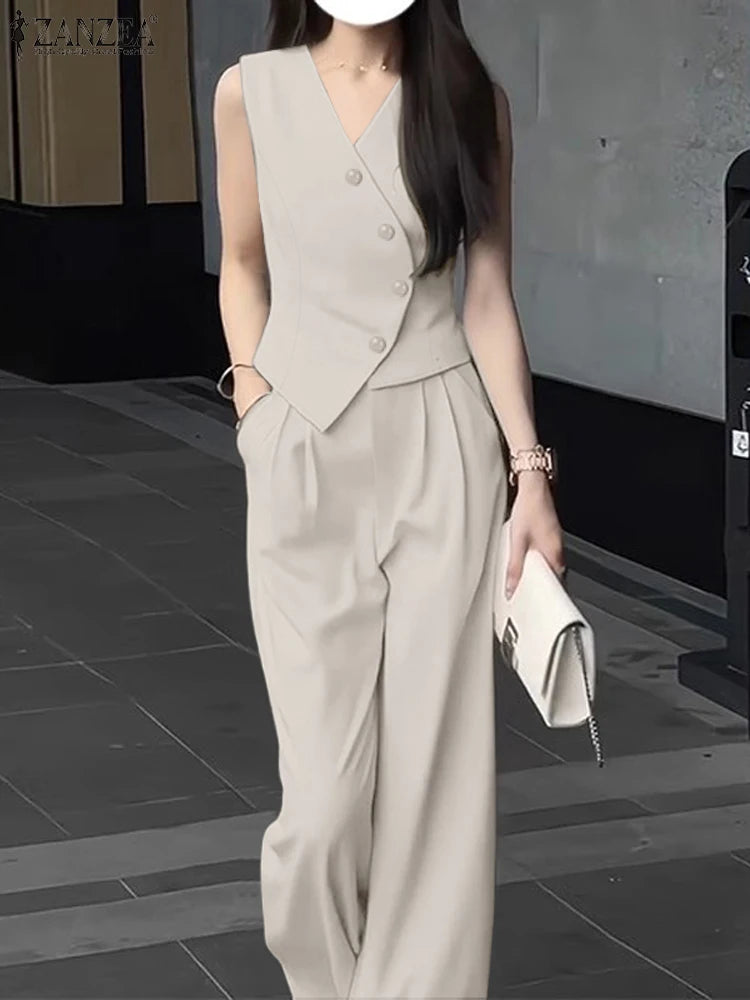 ZANZEA Koreanischen Stil Frauen Hose Sets Unregelmäßige Weste Tops Breite Bein Hosen Elegante Solide 2-Stück Sets Sommer Pendeln 2 stücke Outfits