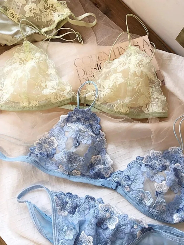 Französisches Nischen-Dessous-Set, besticktes Netz, Dreieck-Cup, kabelloses Bralette, Retro-Spitze, dünn, sexy, bequemer BH, USA Tushy MOYISU