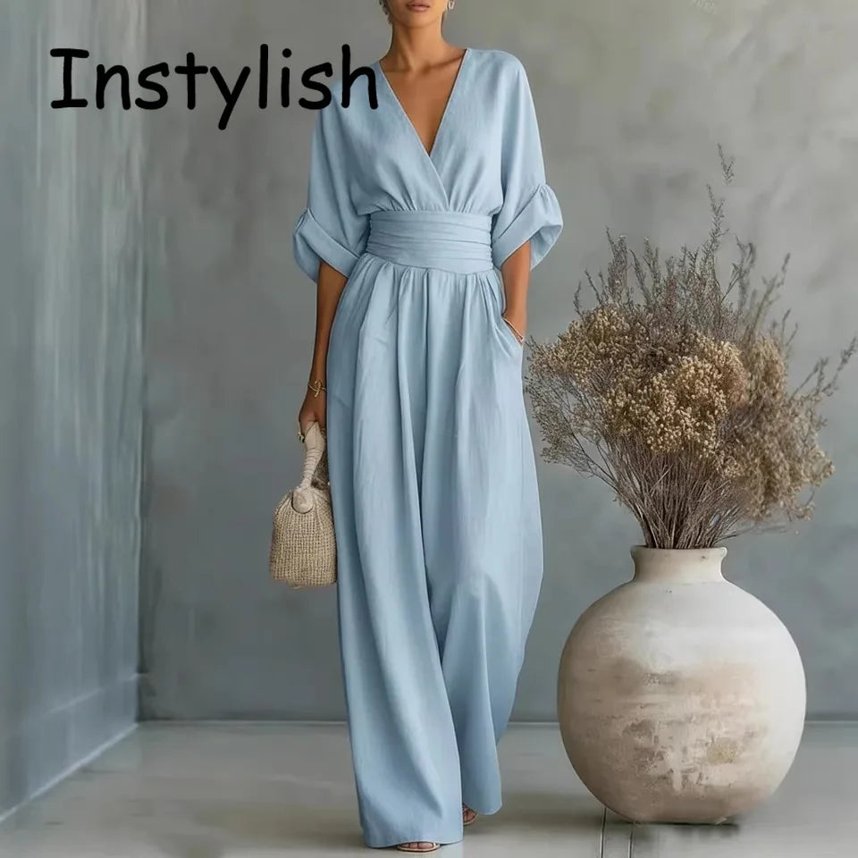 Elegante Damen-Jumpsuits mit hoher Taille, Sommer-Kurzarm-Overalls mit weitem Bein, lässige V-Ausschnitt-Jumpsuits in Unifarben, lockere Streetwear