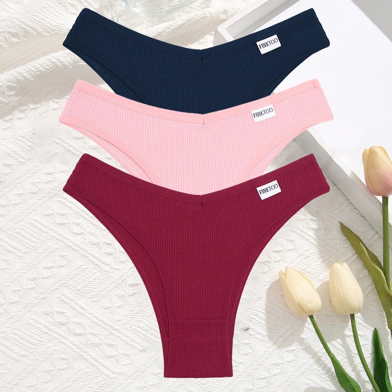 3 Teile/satz Frauen Sexy Waffel Plaid Baumwolle Brasilianische Höschen Niedrige Taille V Form Bikini Unterwäsche Weiche Atmungsaktive Weibliche Dessous