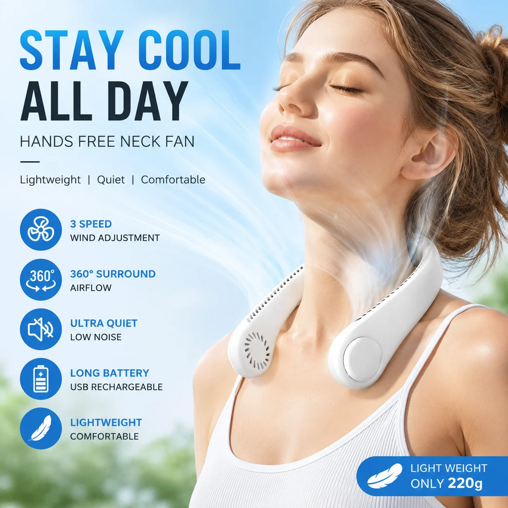 Freihändiger Nackenventilator, tragbarer, über USB wiederaufladbarer, blattloser Kühlventilator, leiser, tragbarer Ventilator für Sommerreisen, 3 Geschwindigkeiten, Mini, lange Akkulaufzeit