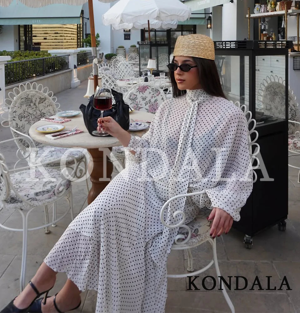 KONDALA Damen-Set, trendiges Polka-Dot-Rock-Set, Schleife, durchsichtige Fliege, Hemden, langer Rock, modisch, 2026, Frühling, Sommer, Urlaub, Damen-Set