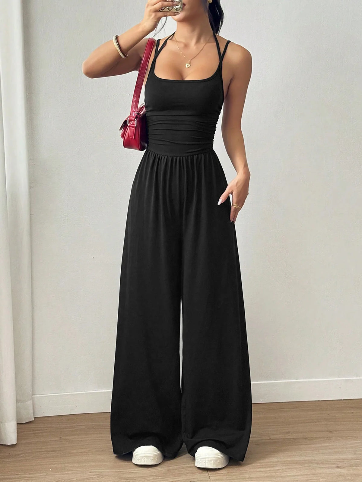Damen Sommer Schwarz Lässiger Plissierter Lockerer Gerader Jumpsuit Ärmellos Hohe Taille Rückenfreier Overall Einfacher Trägeroverall