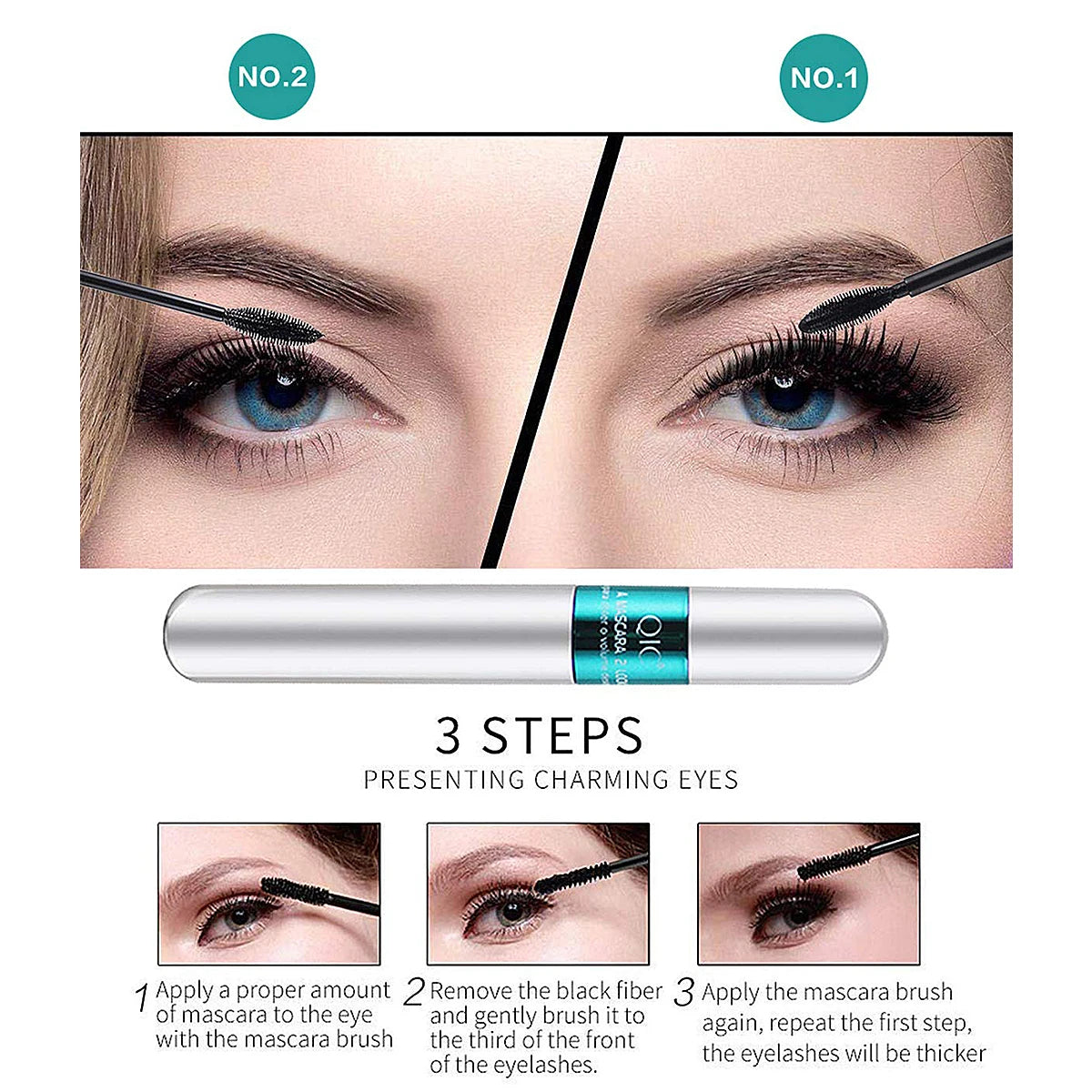 Doppelte In-Eins-Mascara aus Seidenfaser, wasserfeste Wimperntusche für Wimpernverlängerung, schwarz, dick, verlängernde Wimpern, Kosmetik