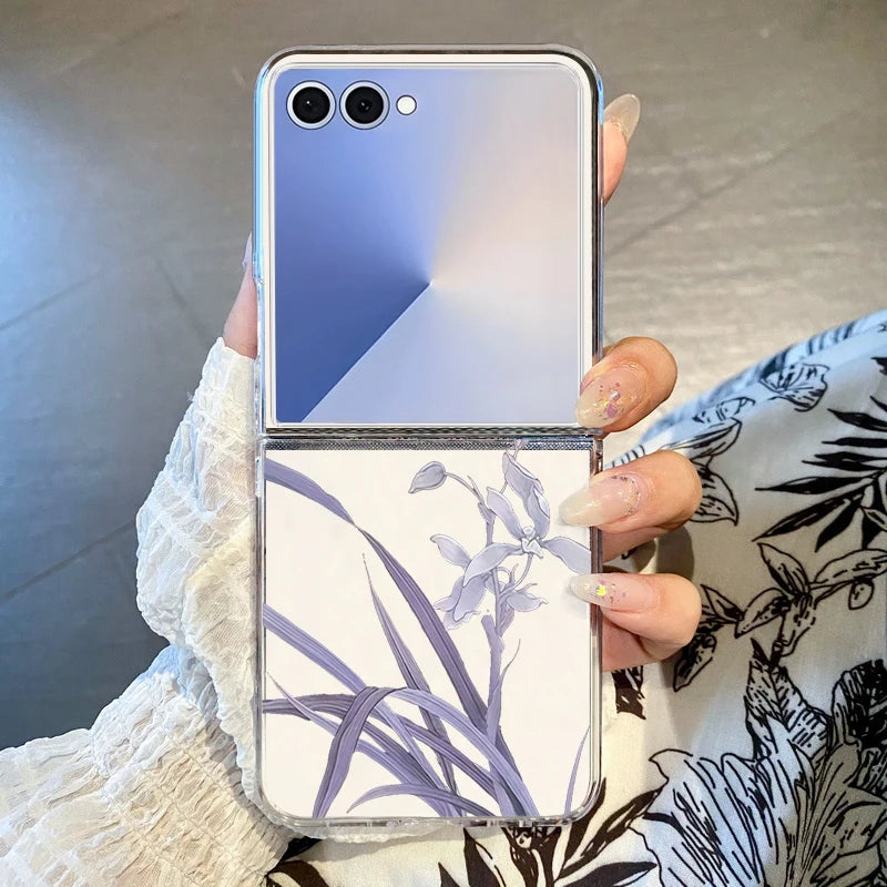 Blaue Blumen Muster Handyhülle für Samsung Galaxy Z Flip 7 FE 6 5 4 3 5G Hard PC Transparent Folding Cover für Samsung Z Flip7