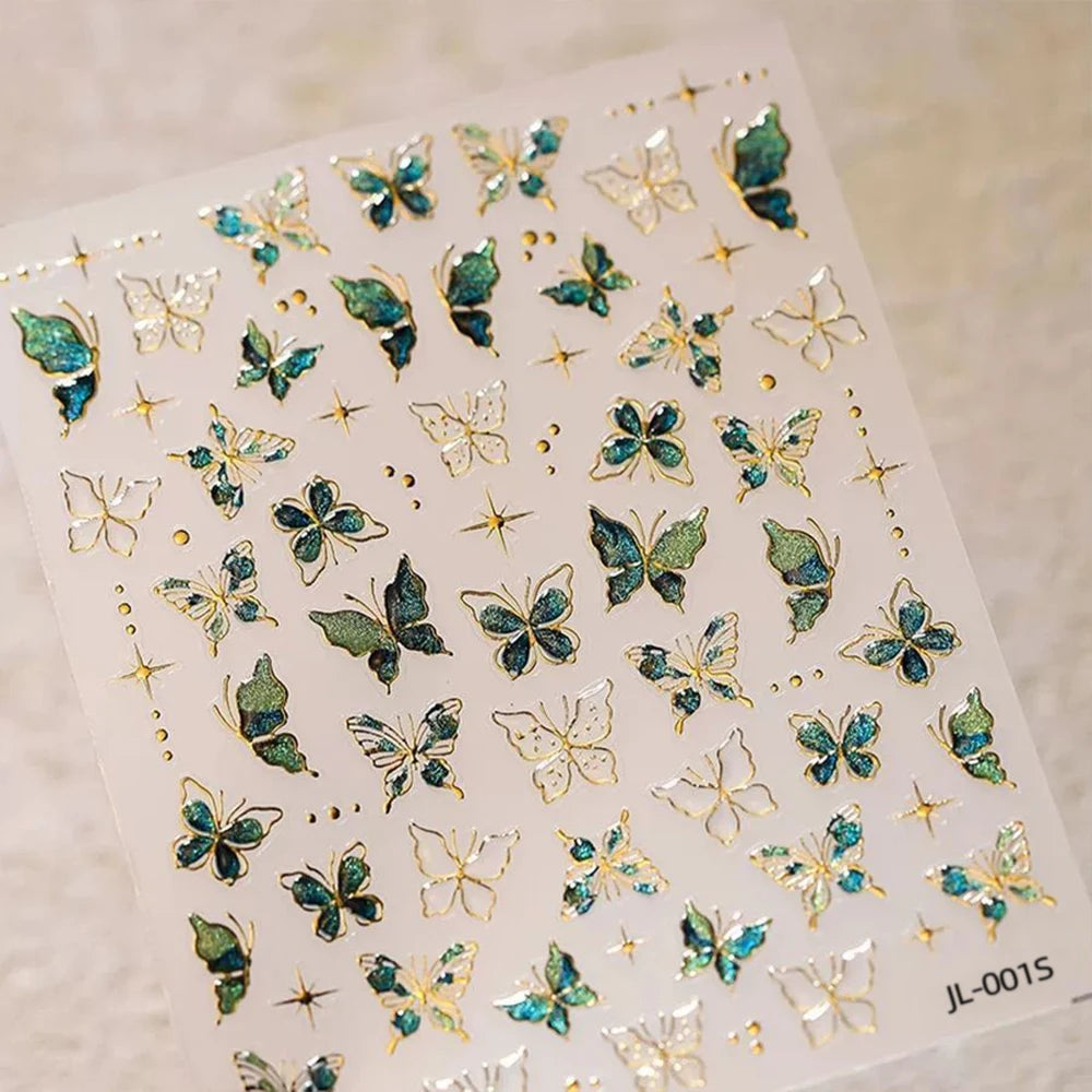 1 Stück 5D Relief Jelly Green Butterfly Nagelaufkleber Bronzing Gold Schmetterlinge Nagelaufkleber Selbstklebend 8*10cm Nail Art Dekoration