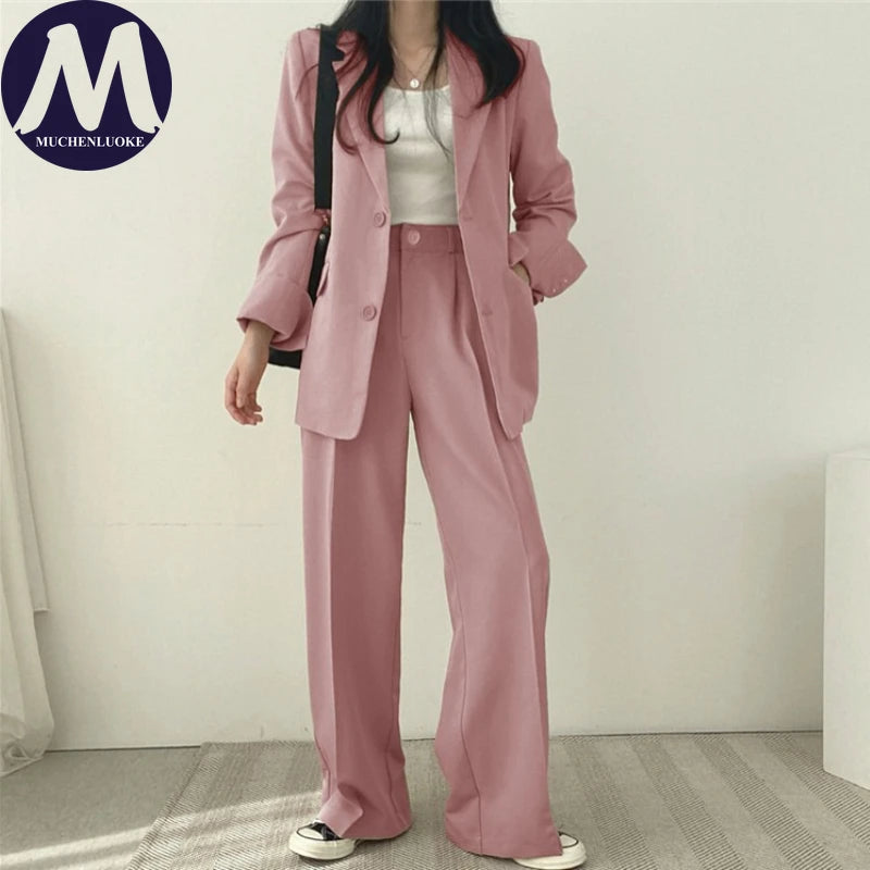 Koreanisches Damenmode-Zweiteiler-Set, Langarm-Blazer und weit geschnittene Hose, Büro, Freizeit, lockerer Schnitt, Frühling, Herbst, neuer Stil