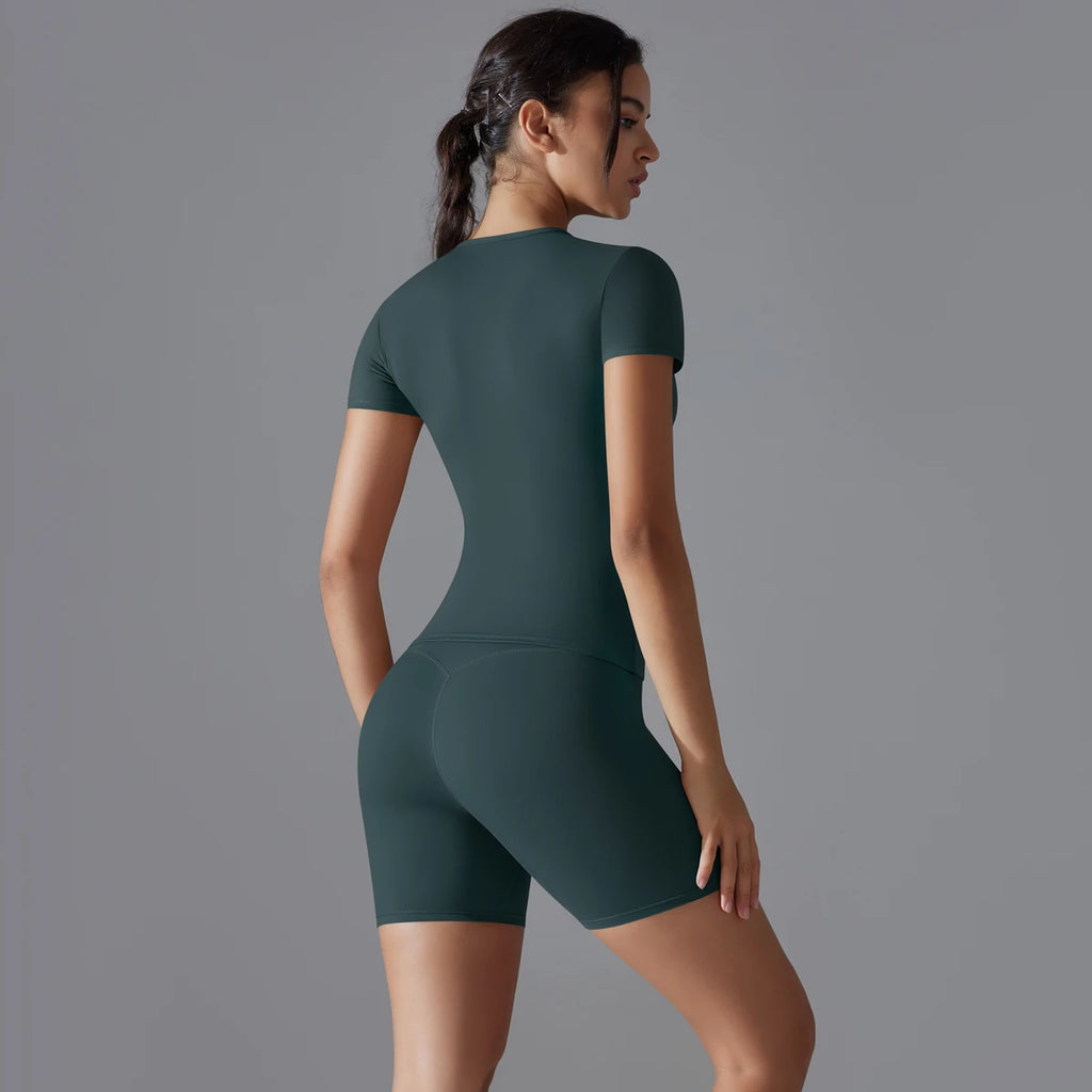 Yoga-Set für Damen, Sport-Kurzarmshirt mit hochtaillierten Leggings, Lauf- und Jogging-Trainingskleidung, Sport-Fitness-Gym-Sets