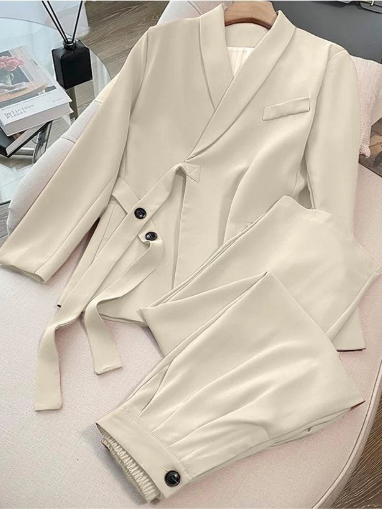 Frühling Herbst Damen Blazer-Hosen-Sets Mode Büro-Damen Lässige Weite Hosen Anzug-Set Damen Zweiteiler Damen-Outfits