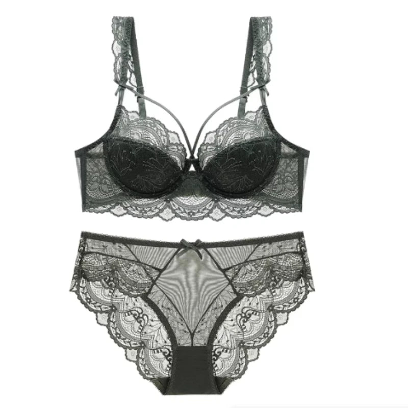 MOYISU Sexy Spitzen-Bralette-Set, kleine Brüste, französisches Design, abnehmbare Träger mit dünnen Push-Up-Pads, weiche Bügel-BH-Abdeckung, Oberteil AB