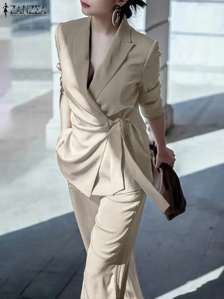 Zanzea Herbst elegant ol Arbeits anzug Frauen Blazer & weites Bein Hose Sets Mode 2 Stück Trainings anzüge Damen Büro Outfits Overs ize 2024