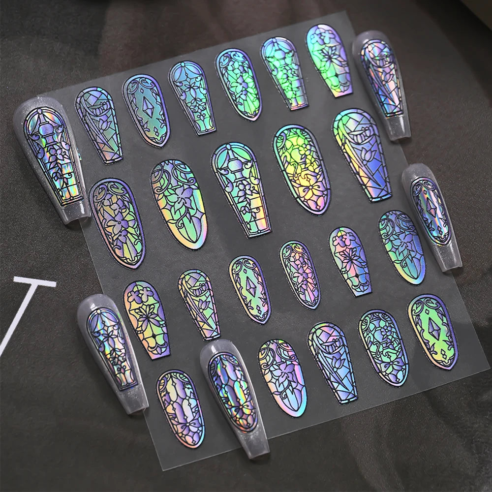 1/3 Stück 5D Aurora Buntglas-Nagelaufkleber Buntes Fenster-Rokoko-Blumenmuster Nagelkunst-Aufkleber DIY Maniküre Gotische Dekoration