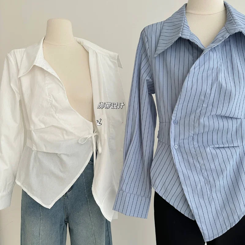 2025 frauen Vintage Unregelmäßige Weiße Blusen Damen Elegante Gestreifte Shirts Koreanische Langarm Chic Tasten Schlank Design Tops Neue