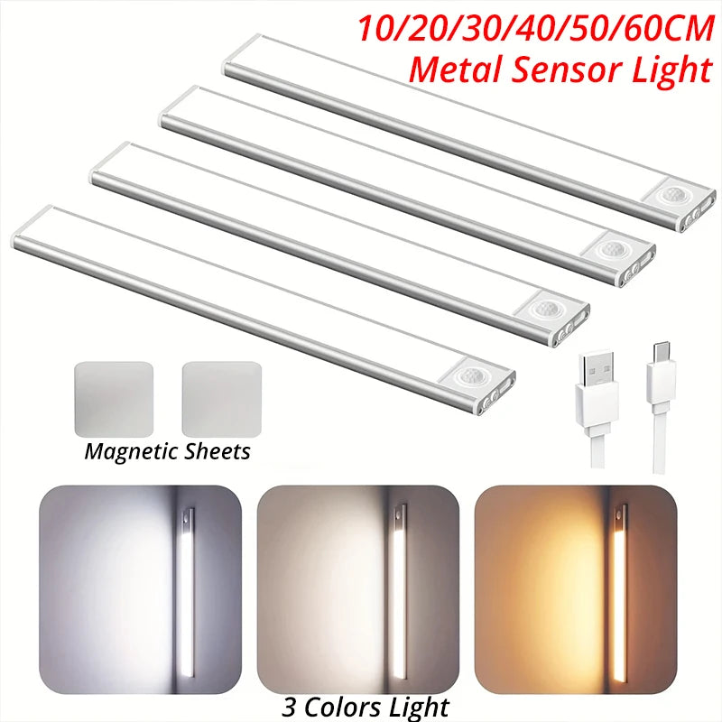 10–60 cm Bewegungsmelder unter dem Schrank, kabelloses, wiederaufladbares USB-Nachtlicht, 3 Farben, Schranklampe für den Innenbereich, Schlafzimmerbeleuchtung