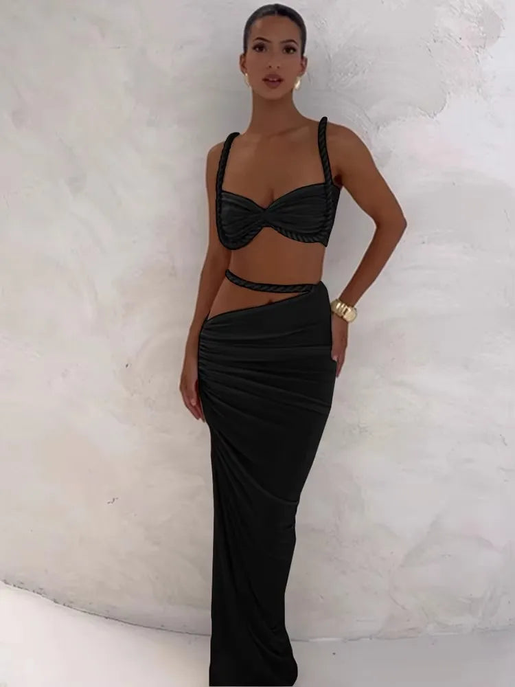 Weird Puss Bandage gerafftes 2-teiliges Set Damen-BH mit quadratischem Kragen + dünne lange Röcke 2025, Sommerurlaub, Strandparty, Trendanzüge