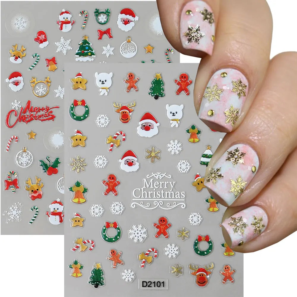 2 Stück 3D Glitter Gold Weihnachten Nagelaufkleber Schneeflocke Kristallkugel Baum Schneemann Nail Art Aufkleber selbstklebend Urlaub Nagelzubehör