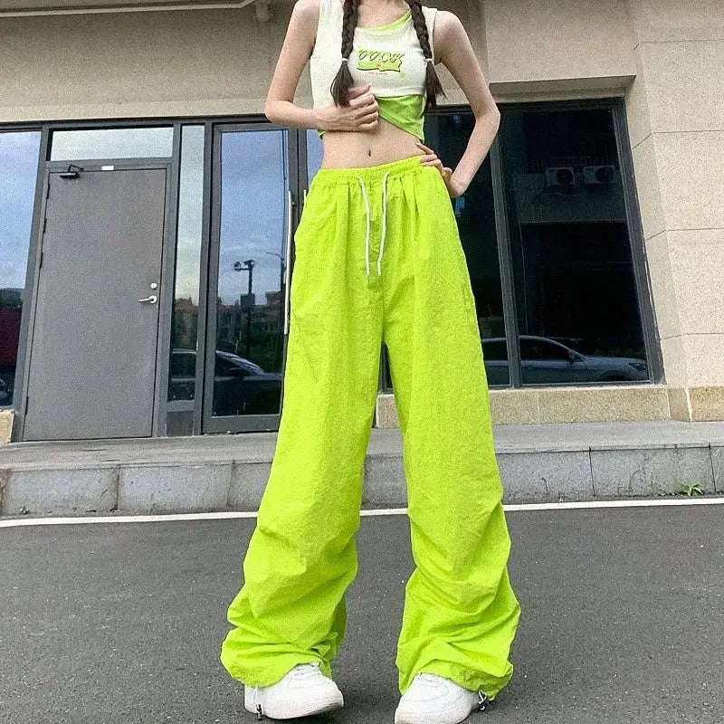 Leichte Dünne Fallschirm Hosen Frauen Kordelzug Hohe Taille Cargo Hosen Frau Harajuku Streetwear Breite Bein Baggy Jogginghose
