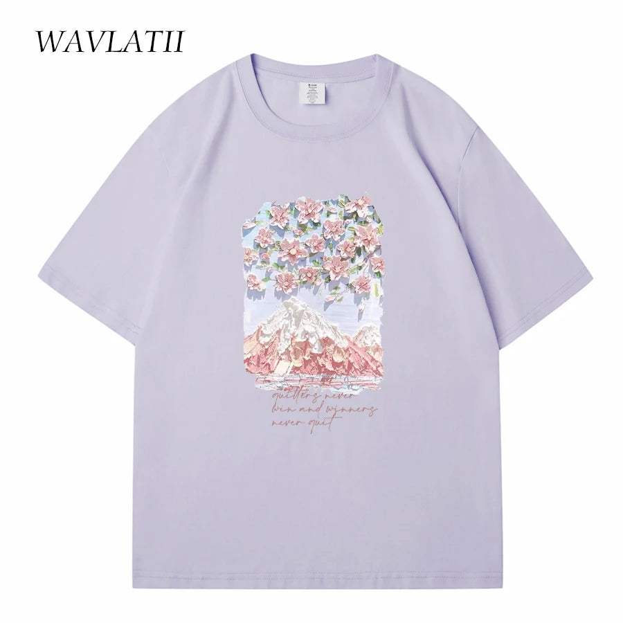 WAVLATII Damen-T-Shirts aus 100 % Baumwolle, Sommer-T-Shirts für Damen, Lavendel, Streetwear, bedruckte T-Shirts, grün, lässig, kurzärmelig, WT2328