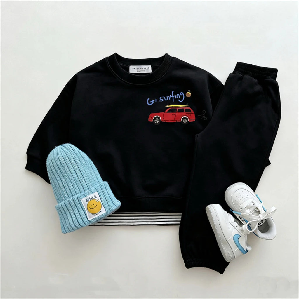 Einfarbige Outfits, einfacher Kapuzenpullover + Hose, zweiteiliges Set für Jungen, trendiges Kostüm, Rundhalspullover, Hosen, langärmelige Anzüge für Kinder