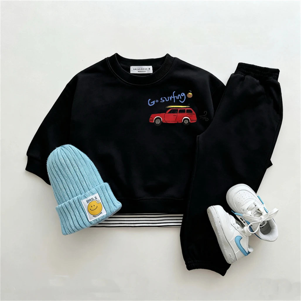 Einfarbige Outfits, einfacher Kapuzenpullover + Hose, zweiteiliges Set für Jungen, trendiges Kostüm, Rundhalspullover, Hosen, langärmelige Anzüge für Kinder