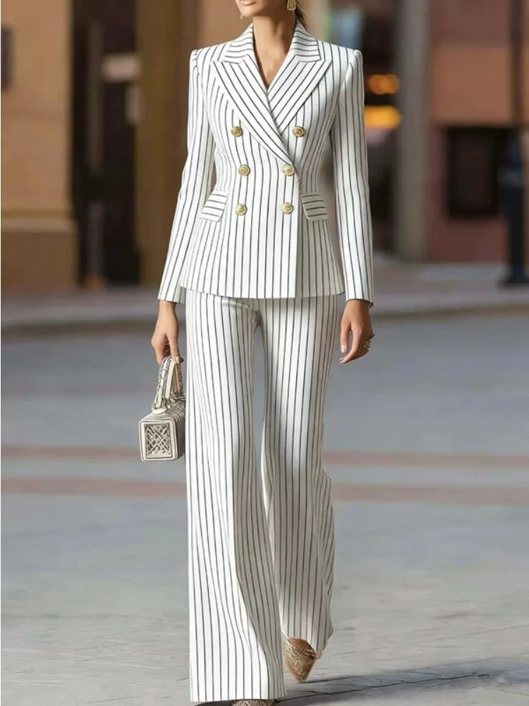 Modischer Herbst-Winter Damen-Hosenanzug Gestreifter Business-Arbeitsanzug Jacke Blazer und Hose Formelles 2-Teiliges Set