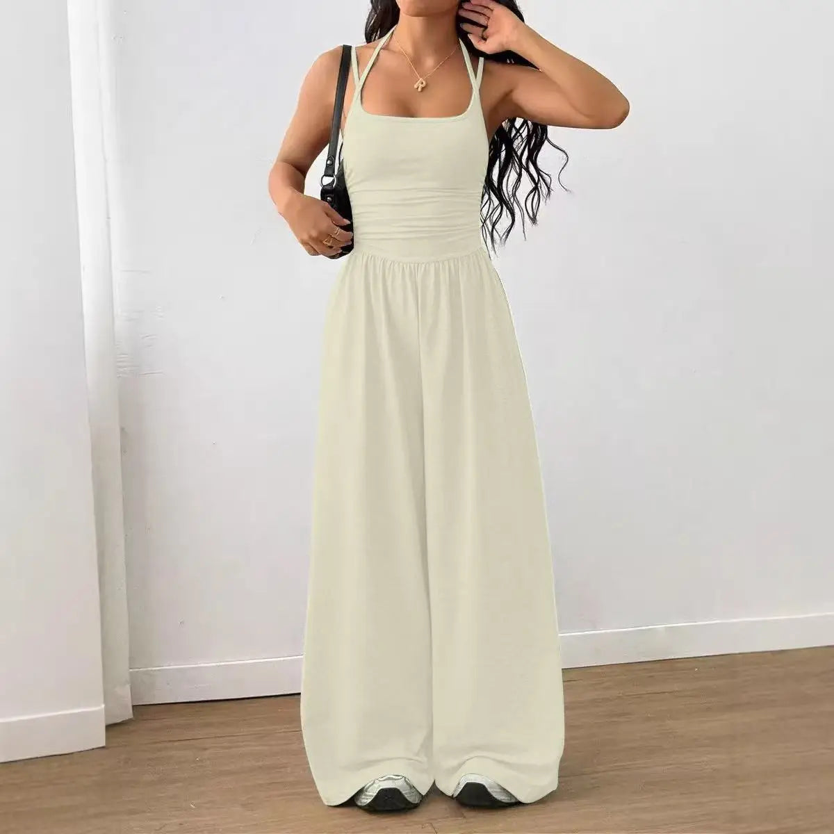 Damen Sommer Schwarz Lässiger Plissierter Lockerer Gerader Jumpsuit Ärmellos Hohe Taille Rückenfreier Overall Einfacher Trägeroverall
