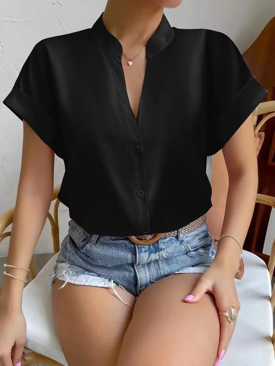 Sommer Neue V-ausschnitt Pullover Kurzarm Weibliche Einfarbig Casual Shirt frauen Kleidung 2024 Taste Büro Dame Bluse Tops