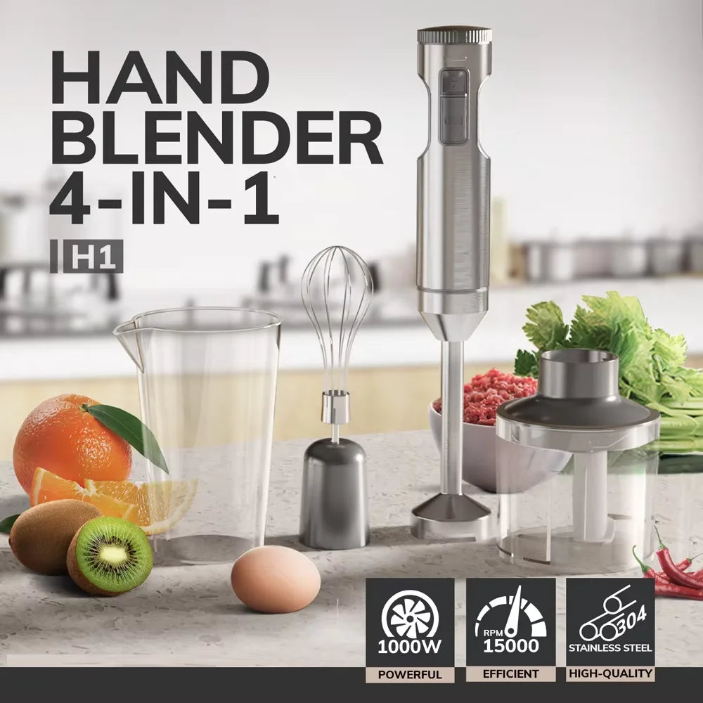 Handstabmixer Leistungsstarker 4-in-1-Stabmixer aus Edelstahl, 700ml Mixbecher, 500ml Prozessor, Schneebesen