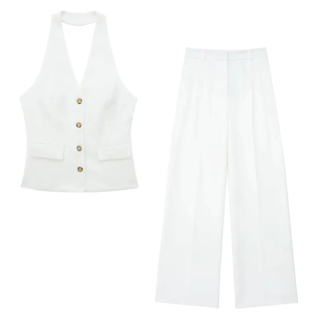 HH Hose-Sets für Damen, modisch, gelb, rückenfrei, Knopfhalter, bauchfreie Weste, Oberteil, gerade Hose, eleganter Büro-Damenanzug