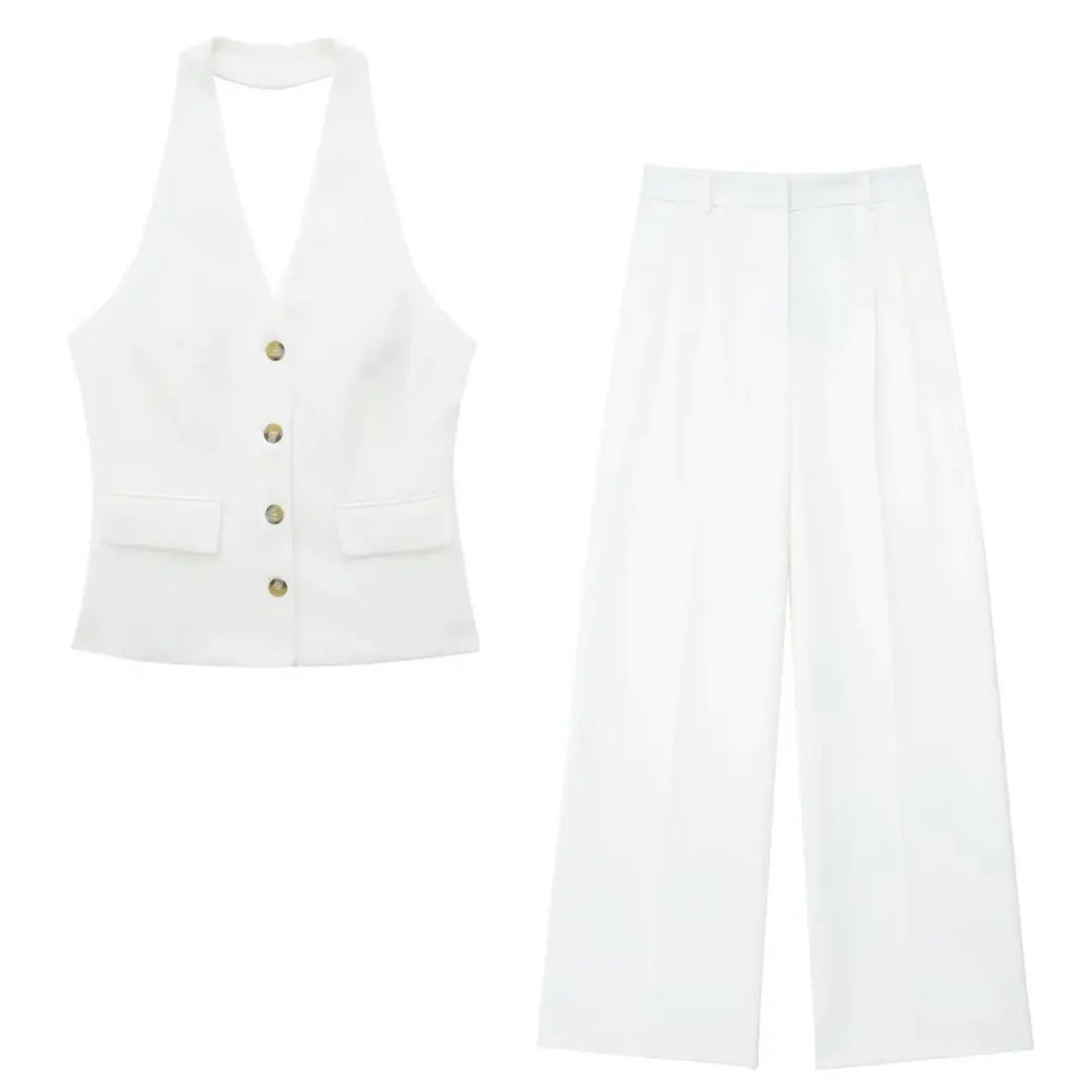 HH Hose-Sets für Damen, modisch, gelb, rückenfrei, Knopfhalter, bauchfreie Weste, Oberteil, gerade Hose, eleganter Büro-Damenanzug