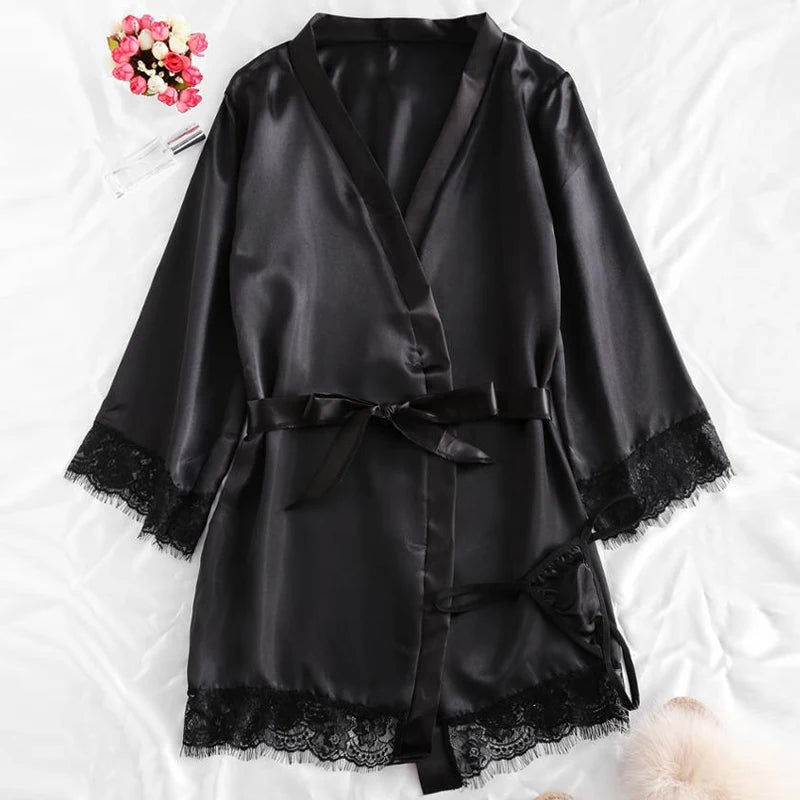 Schwarz Sexy Damen Pyjama Satin 4-teilig Spitze Seide Hosenträger Tops Shorts Robe Pyjama Set Nachthemd Unterwäsche Nachthemd Anzug