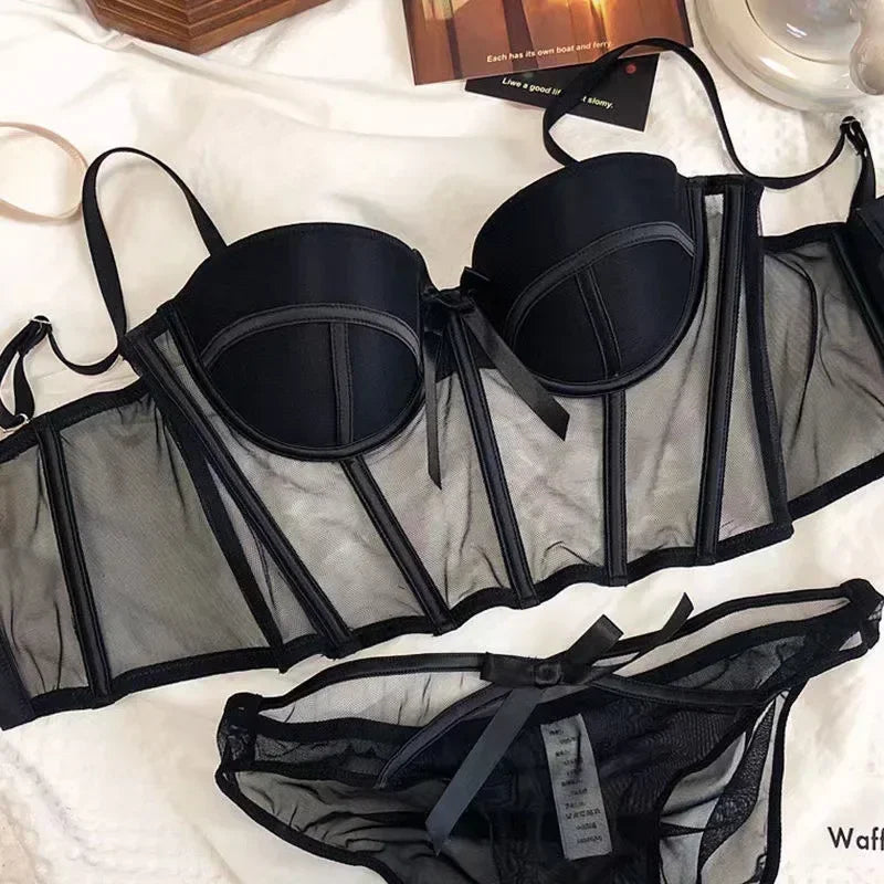 Spitze Bh Sexy Mesh Unterwäsche Frauen Aushöhlen Form Halbe Tasse Weiche Bralette Anti-sag Push-Up Bogen Verdicken frauen Unterwäsche Set