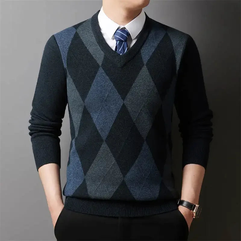 Winter Warm Neue männer Plaid V-ausschnitt Langarm Pullover Gestrickte Pullover Mode Lässig Vielseitig Top