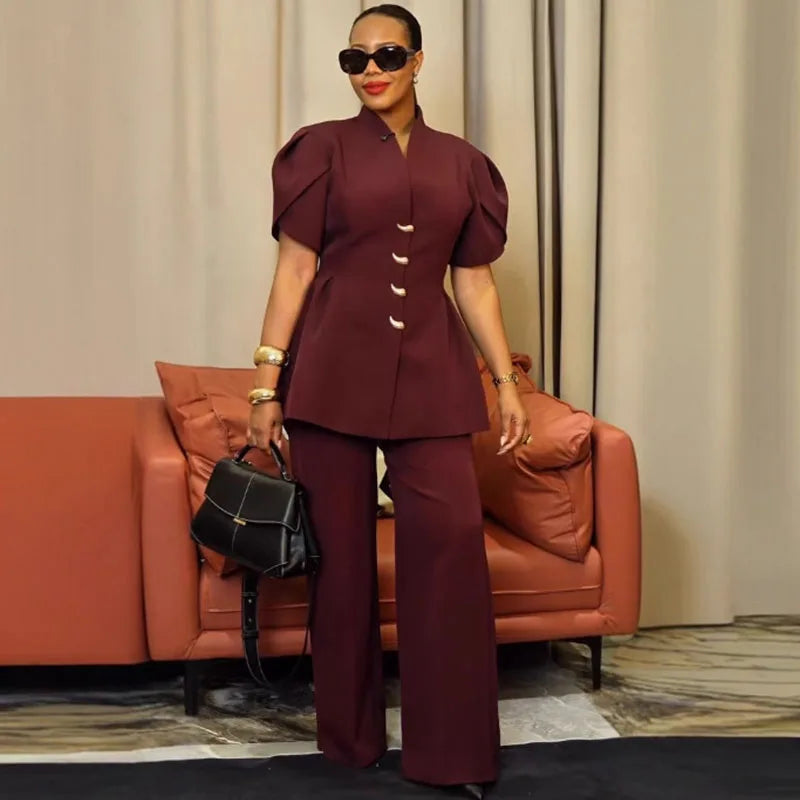 Vintage Elegante Zwei Stück Set Frauen Passenden Sets Büro Dame einreiher Puff Sleeve Blazer Mantel und Breite Bein Hosen anzüge