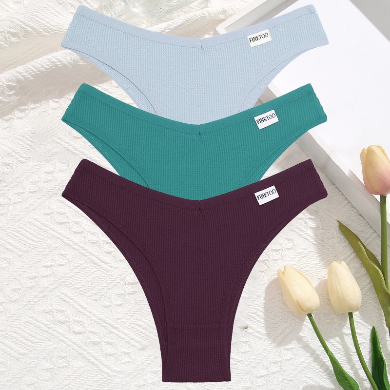 3 Teile/satz Frauen Sexy Waffel Plaid Baumwolle Brasilianische Höschen Niedrige Taille V Form Bikini Unterwäsche Weiche Atmungsaktive Weibliche Dessous