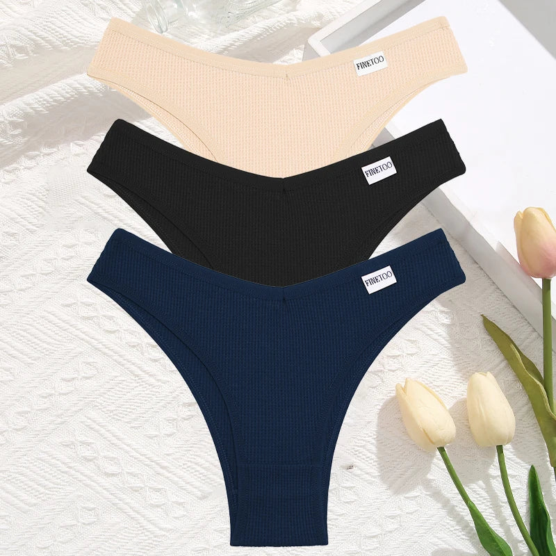 3 Teile/satz Frauen Sexy Waffel Plaid Baumwolle Brasilianische Höschen Niedrige Taille V Form Bikini Unterwäsche Weiche Atmungsaktive Weibliche Dessous