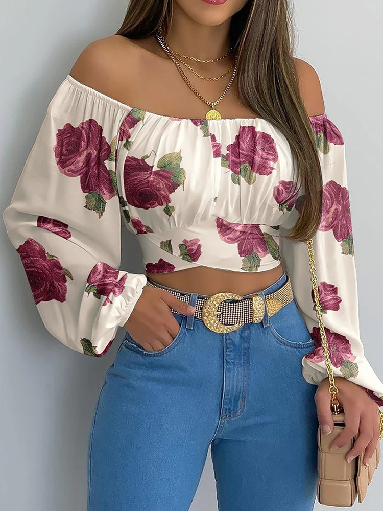 Frauen Elegante Boho Print Bluse Casual Lange Laterne Hülse Off Schulter Dünnes Hemd Weibliche Chic Gestellte Top Sommer Tuniken