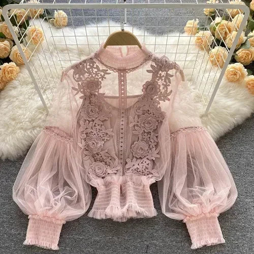 Spitze Puff Langarm Bluse Vintage-Mode Blusen Elegante Femme Blusas Koreanische Frau Tops Frauen Shirts Kleidung Dropshipping