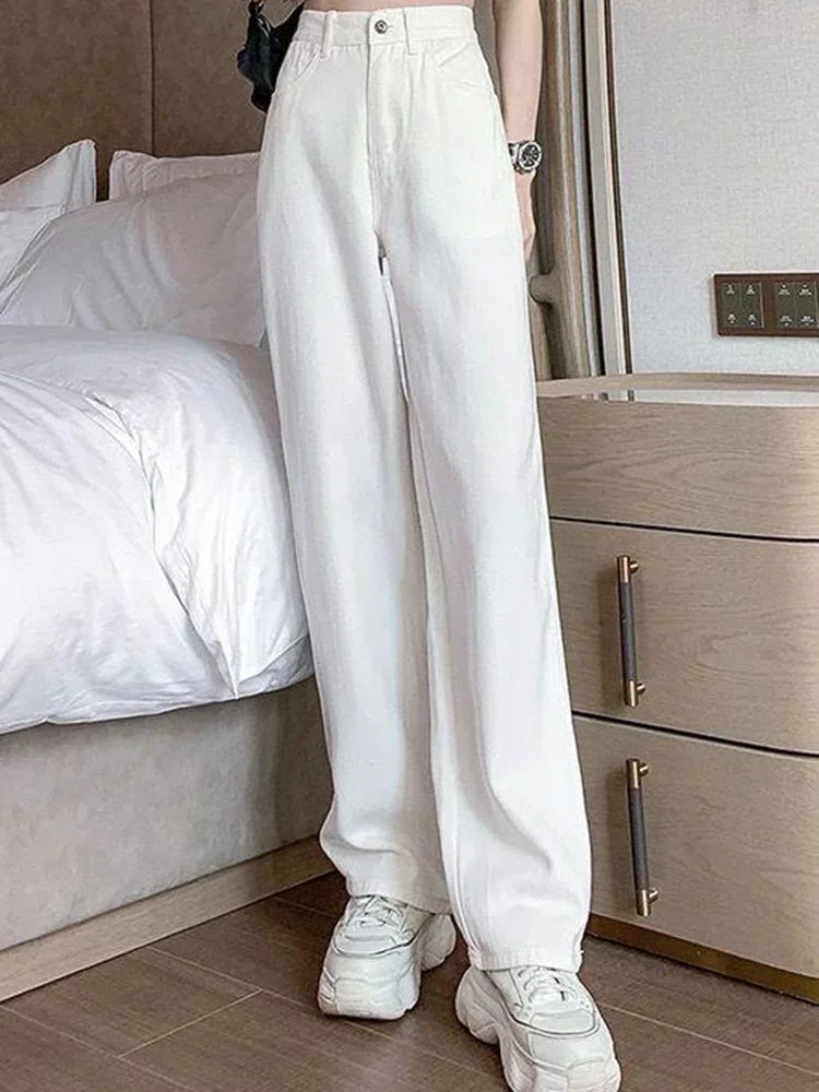 Frauen Frühling hohe Taille lose Jeans weites Bein Jeans Dame Straße koreanische Version Baggy Pants weiße Mode gerade Bein Hose