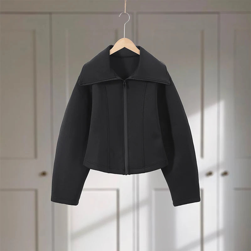 Damen Schwarze Reißverschluss-Jacke mit Revers, Eleganter Langarm-Cropped-Mantel mit Taillierung, Frühjahr 2026, Schicke Lässige Streetwear-Oberbekleidung