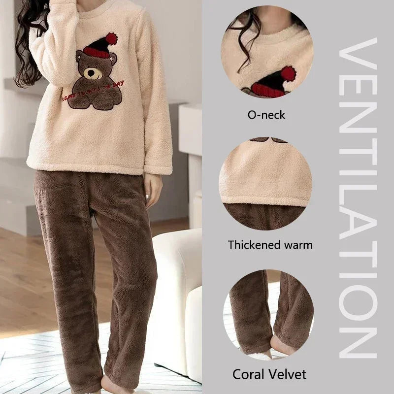 2-teiliges Set, verdicktes Langarm-Hosenset, Paar-Loungewear, Damen-Flanell, Cartoon-Bär, grau, zweiteiliges Set, Nachtwäsche, Homewear