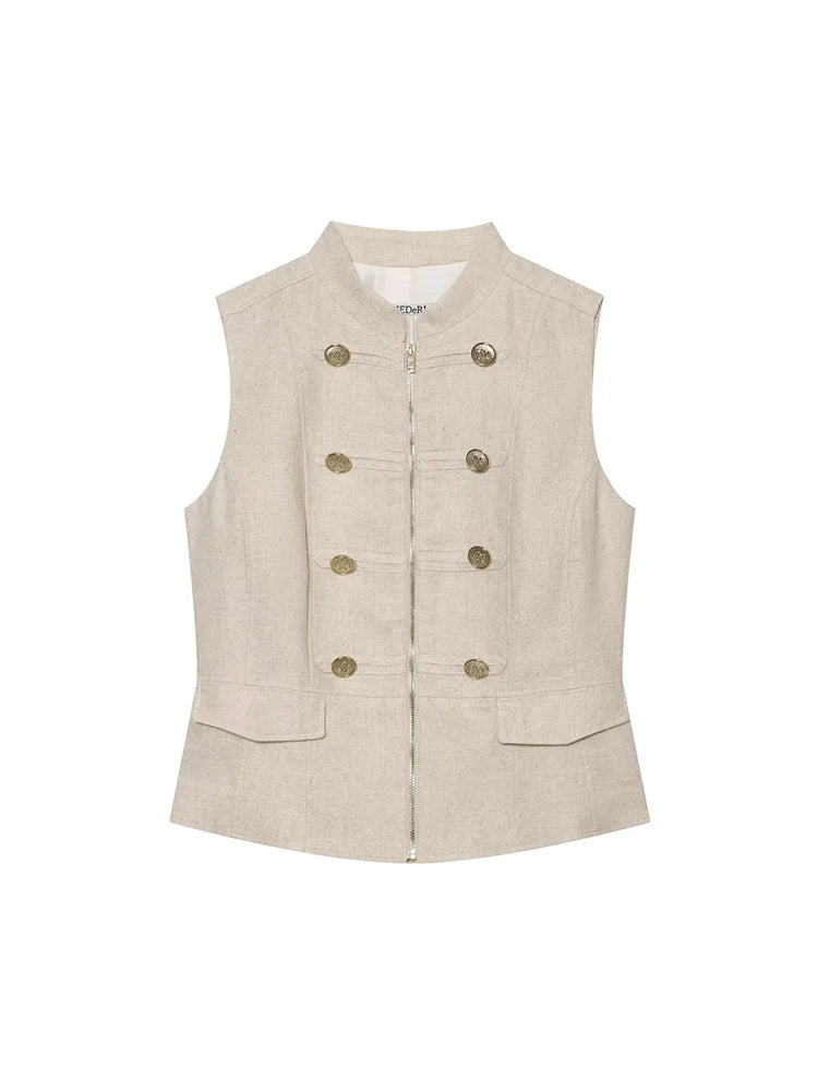   TFMLN Damen Vintage Westen & Mäntel 2026 Sommer Einfarbig Reißverschlüsse Knöpfe Stehkragen Elegante Streetwear Weste Modisch Schmal Geschnitten